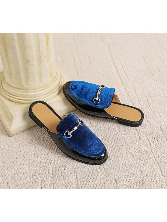 Men\'s Blue Rubber Velvet Patent Leather Gold Buckle Slip On Loafer Slippers main image 7